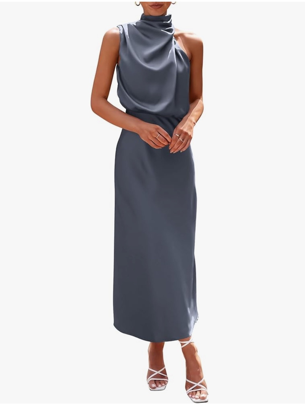 NWT Sleeveless High-Neck Satin Maxi Dress in Grey Blue
